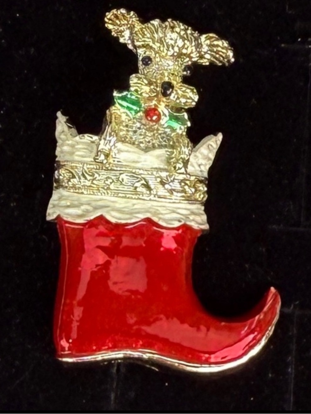 Festive holiday Christmas present Red Stocking Brooch with Puppy